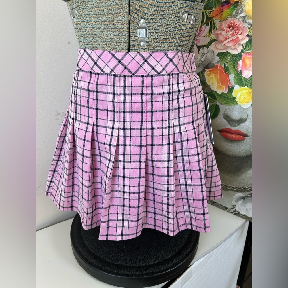 NWT MAMBA JEANS SKATER SKIRT Sz.XL. HIGH WAIST, PLEATED, PINK/BLACK PLAID PRINT
